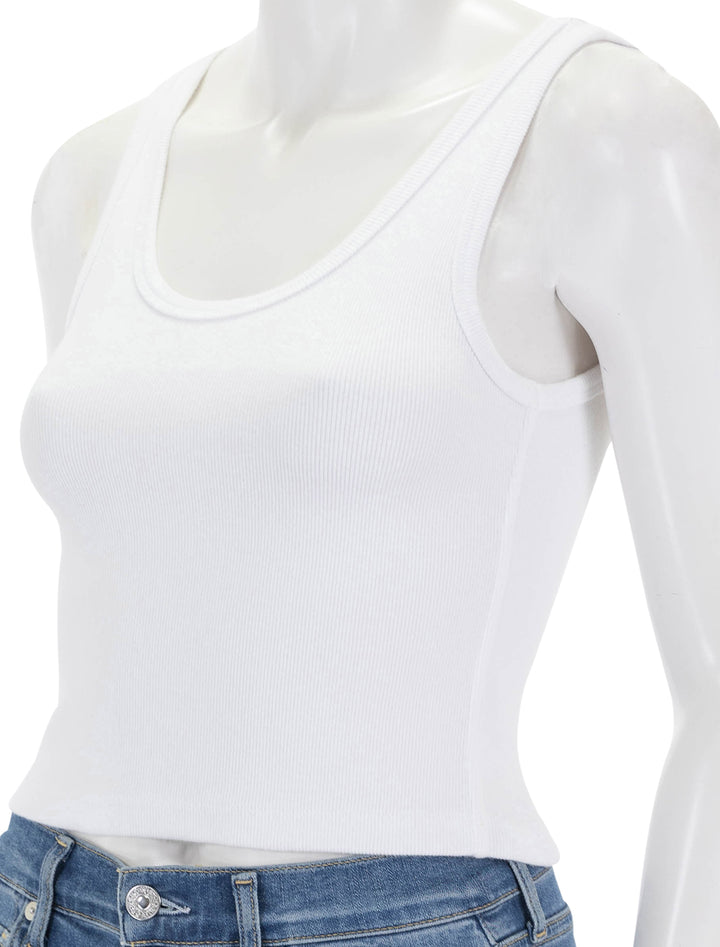 Close-up view of Perfectwhitetee's blondie tank in white.