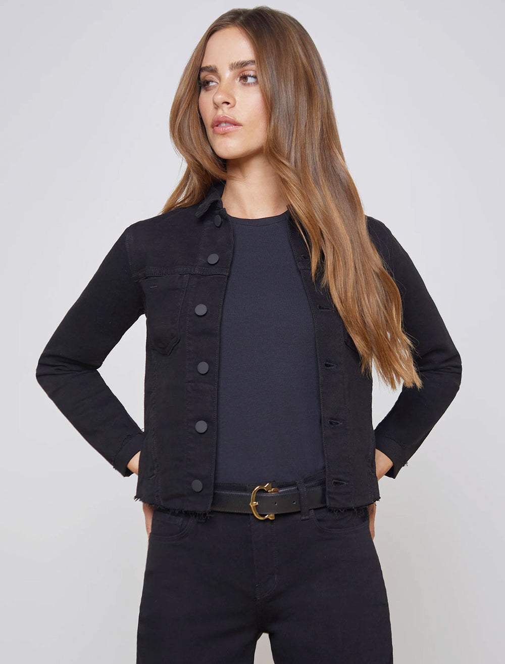 Model wearing L'agence's janelle in saturated black.