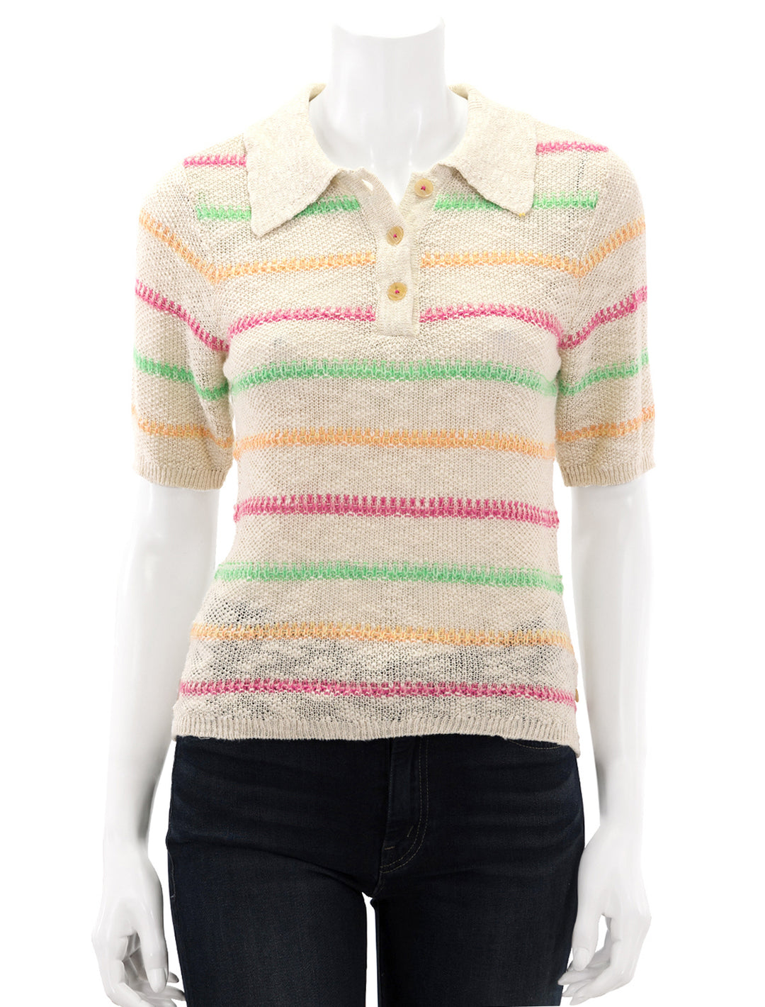 Front view of Scotch & Soda's striped polo sweater in vanilla multi.