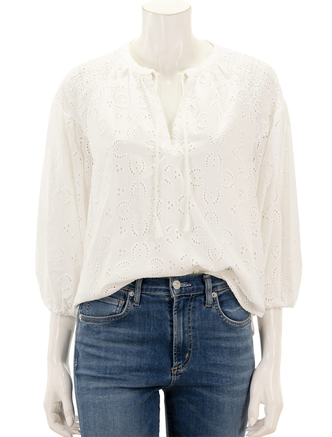 Front view of Splendid's taylor eyelet top in white.