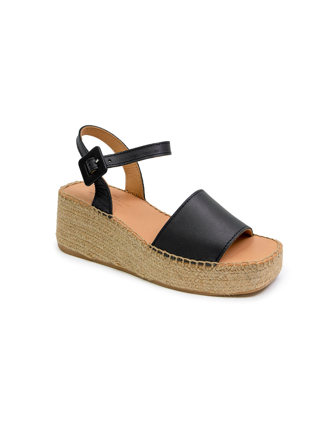 Front angle view of Naguisa's rall espadrille wedge in black.
