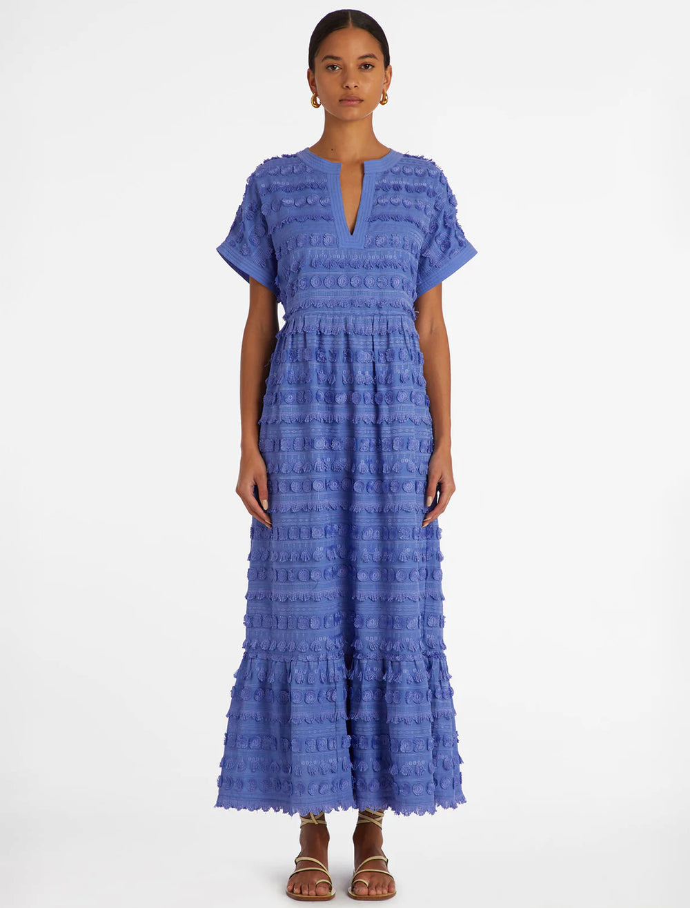 Model wearing Marie Oliver's joanna dress in lapis.