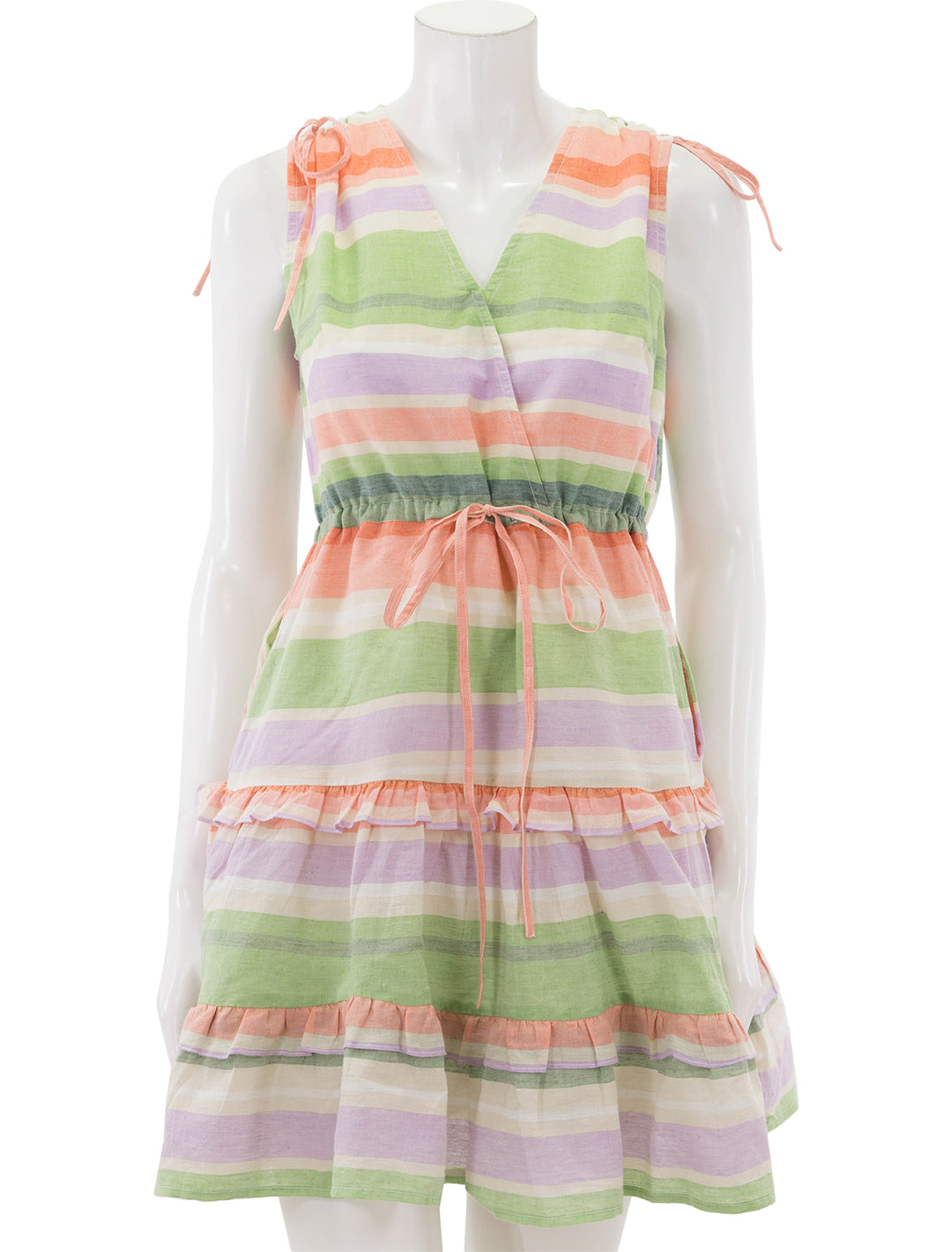 Front view of Banjanan's becca dress in fruit stripe.
