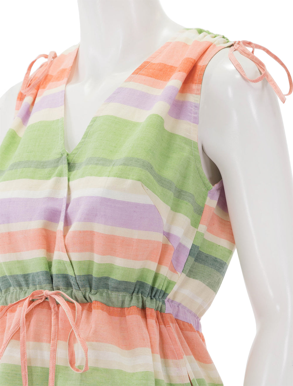 Close-up view of Banjanan's becca dress in fruit stripe.