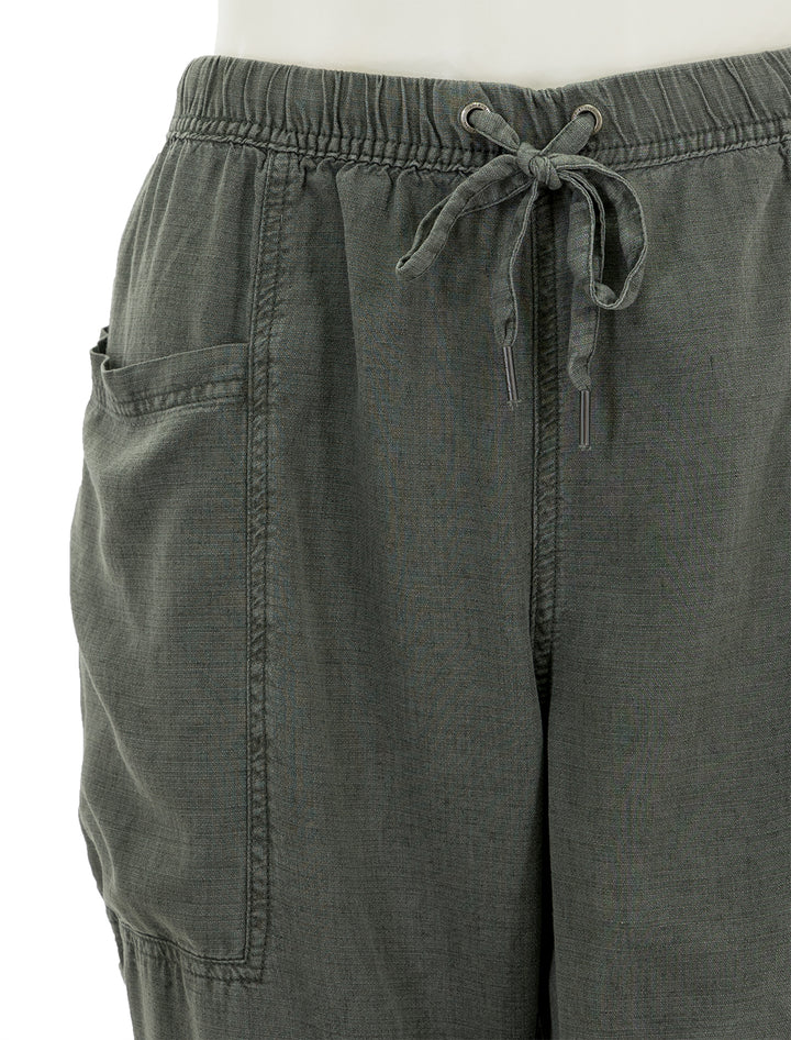 Close-up view of Splendid's gia pant in vintage olive brown.
