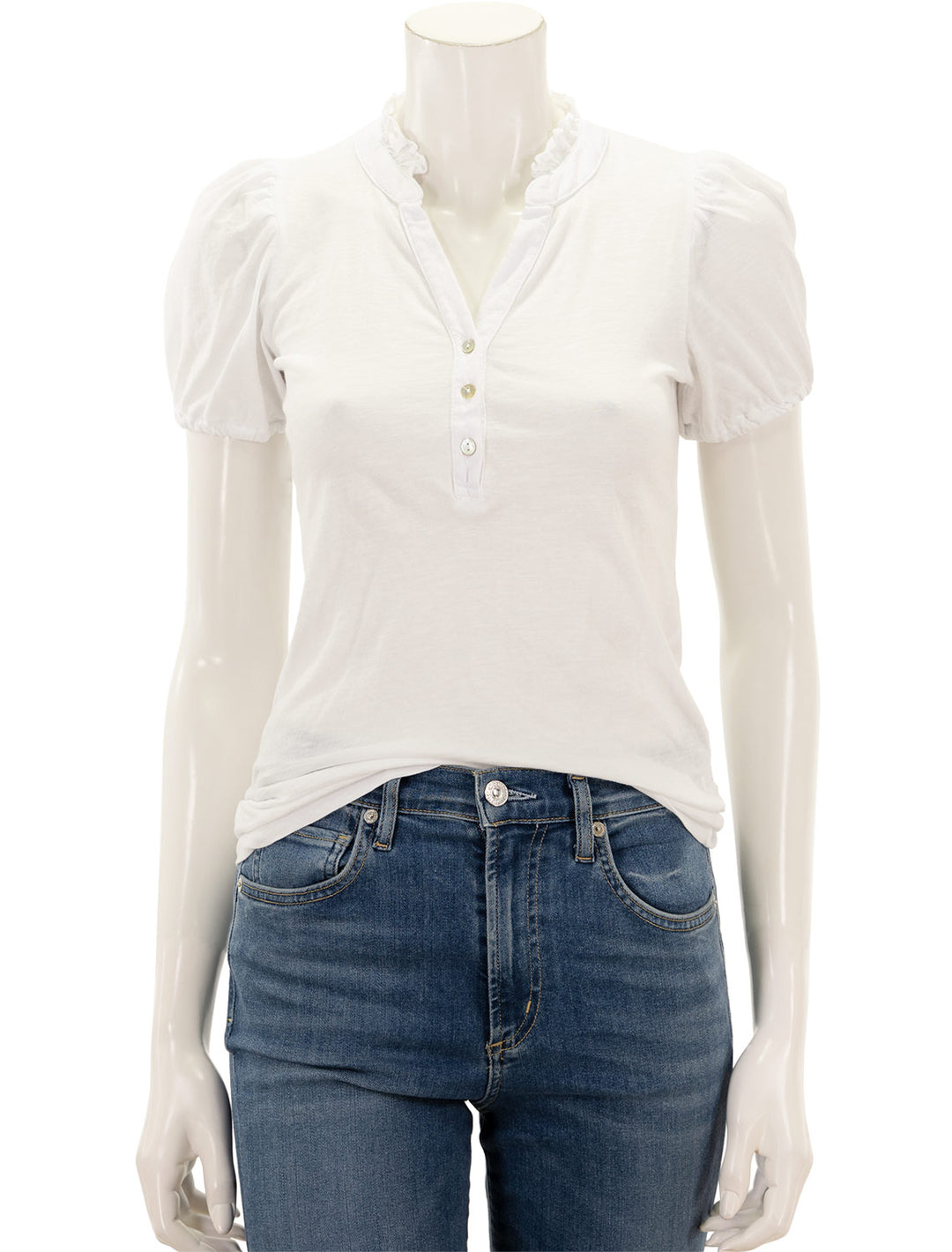 Front view of Sundry's short sleeve ruffleneck henley in white.