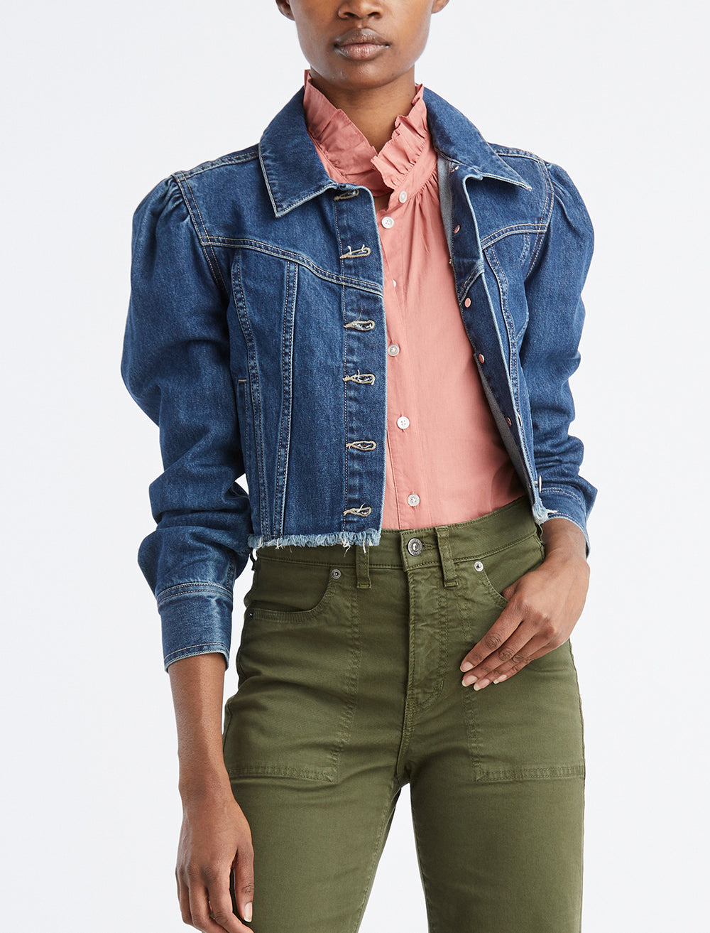 Model wearing Veronica Beard's sweeney jacket in second chance wash.