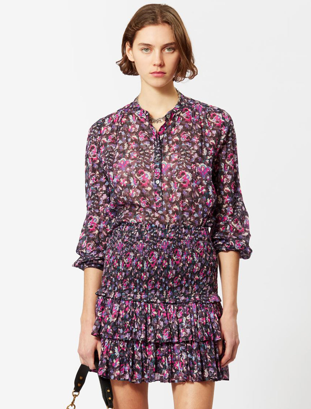 Model wearing Isabel Marant Etoile's Maria Blouse in Midnight Pink Floral.
