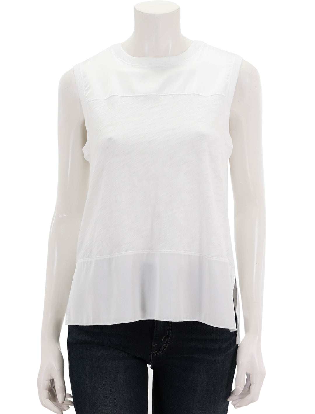 Front view of ATM's slub jersey mixed media top in white.