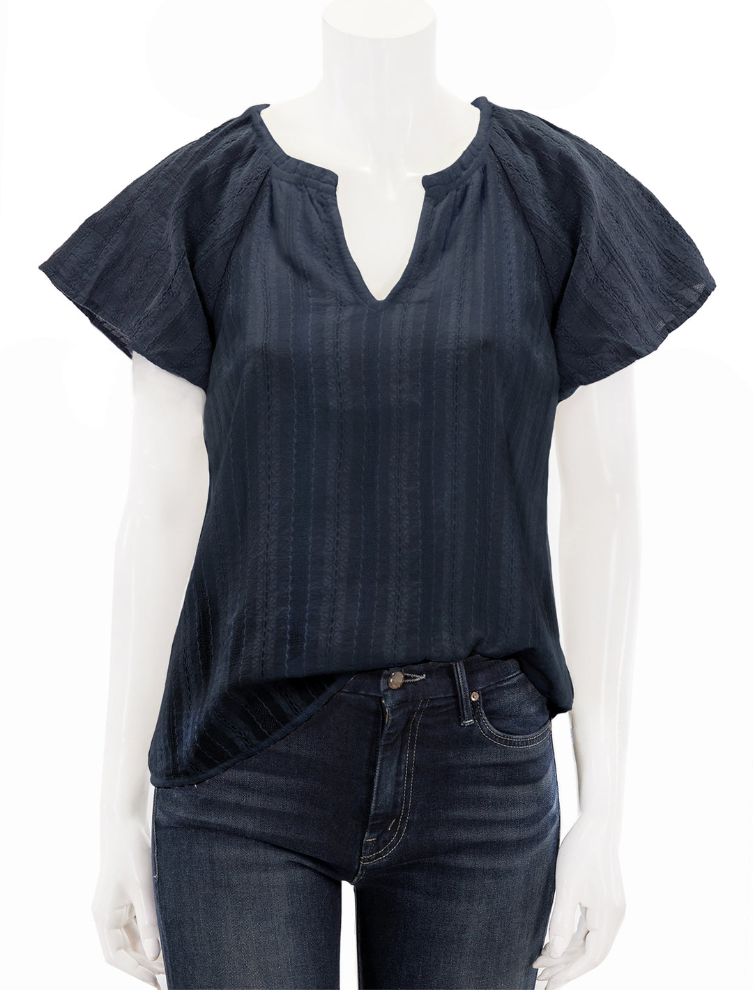 Front view of Marine Layer's lana textured blouse in india ink.