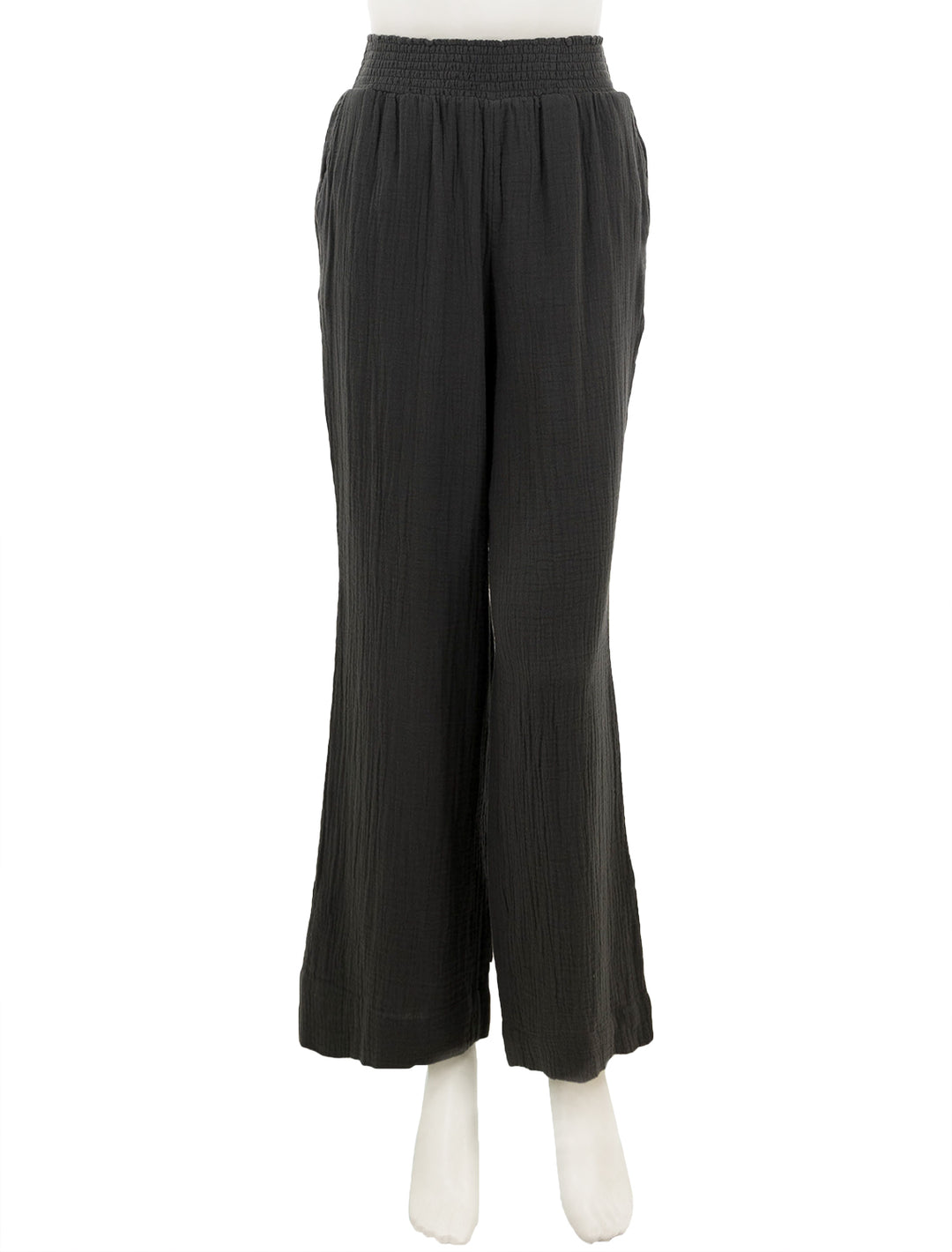 Front view of Faherty's wide leg gauze pant in washed black.