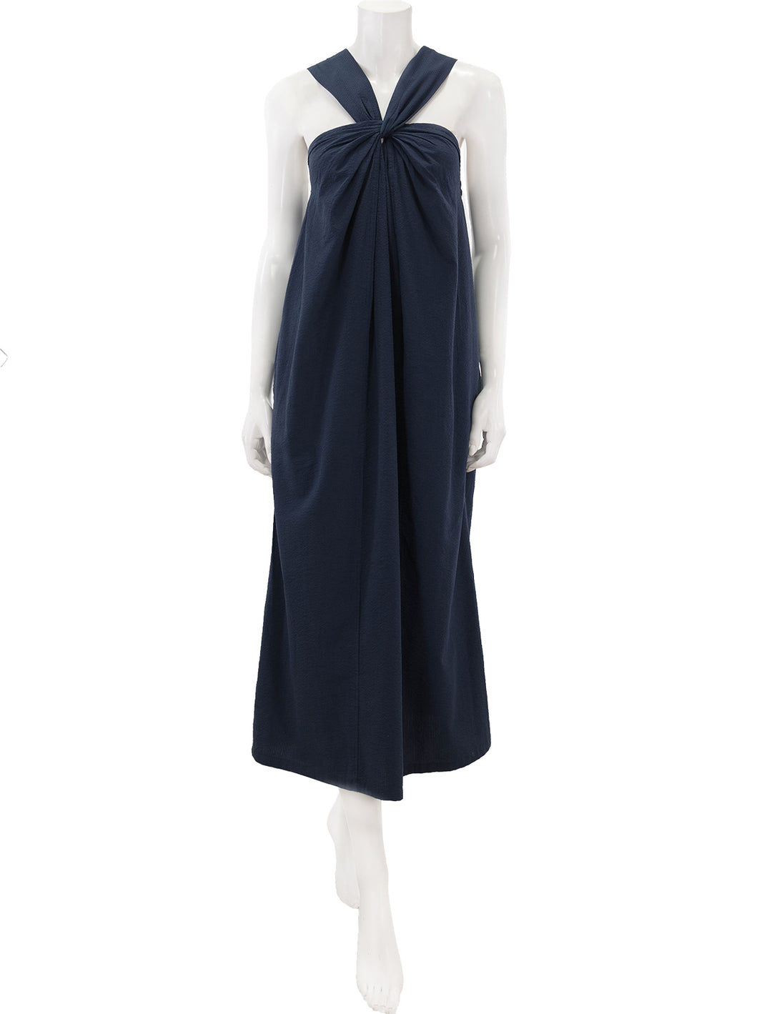 Front view of Faherty's bay twist seersucker dress in navy.