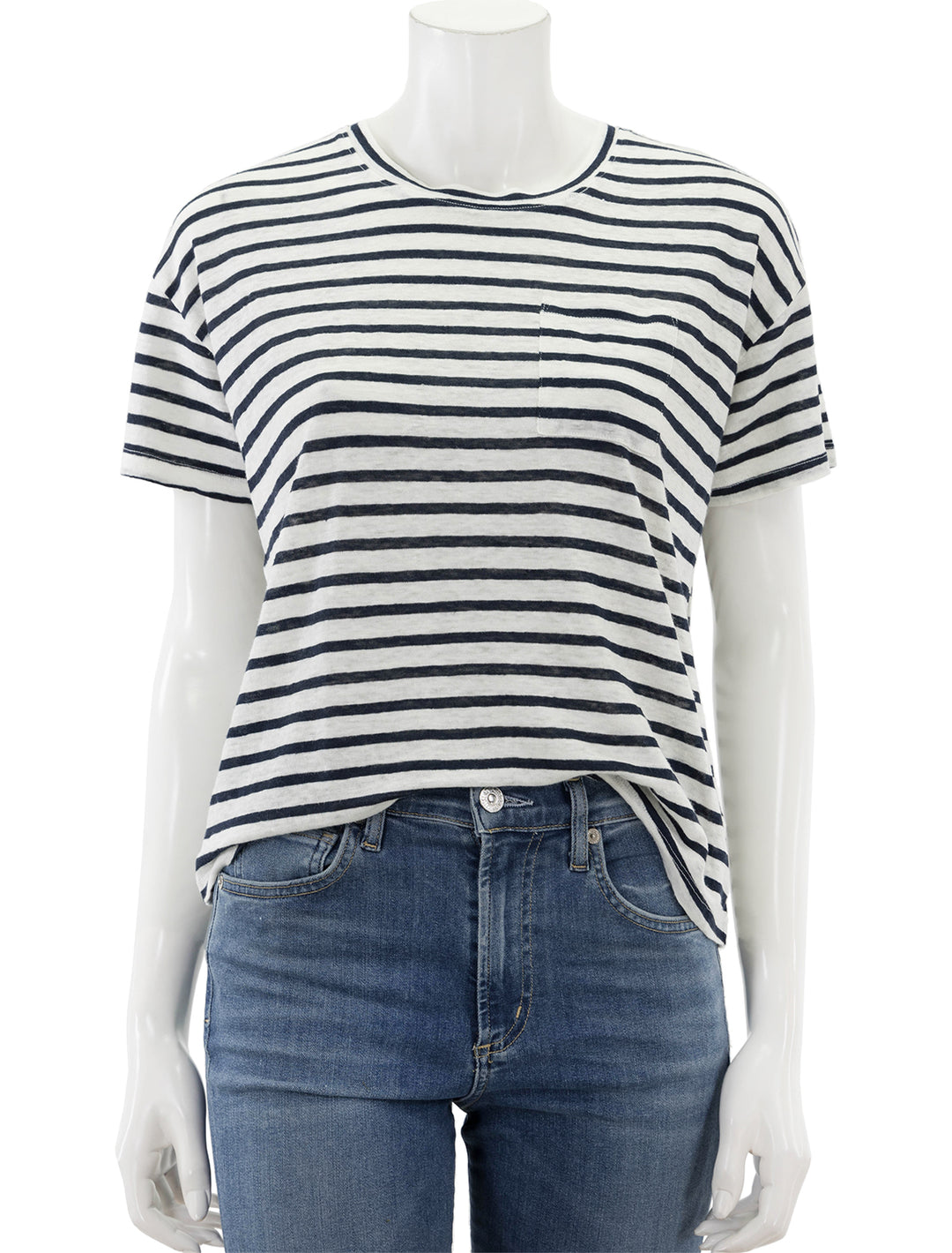 Front view of Faherty's sonoma linen tee in navy stripe.