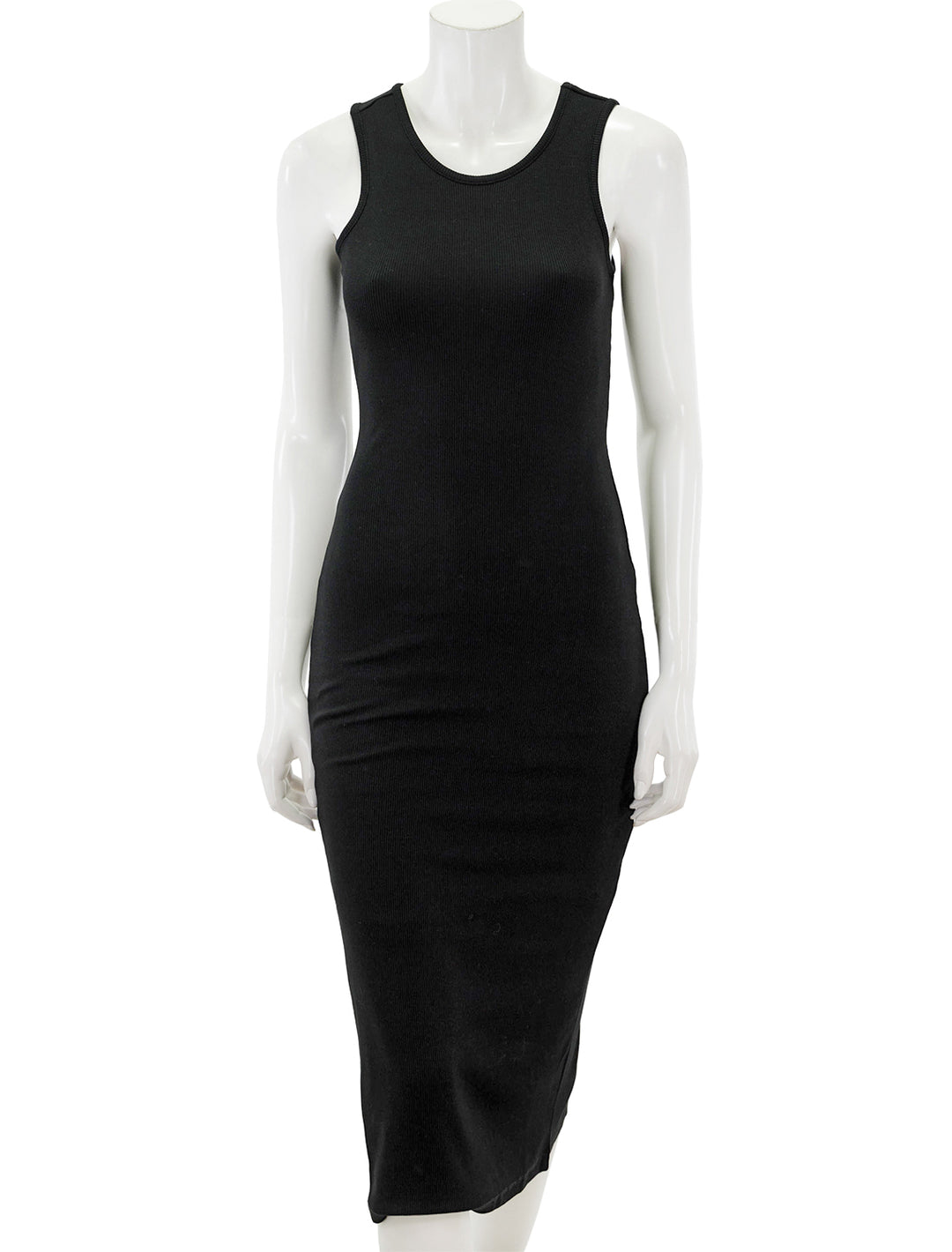 Front view of Marine Layer's lexi rib daytime midi dress in black.