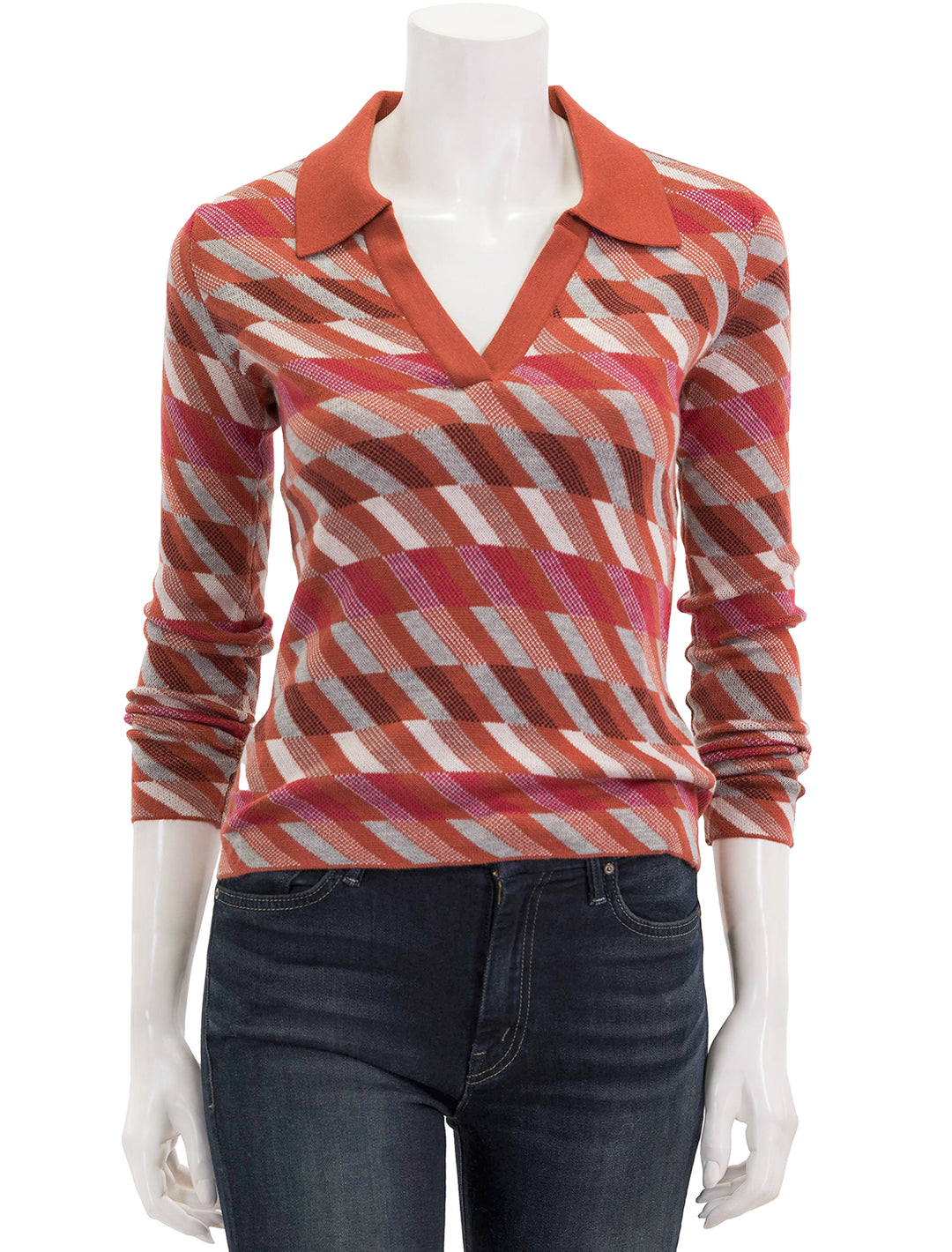 Front view of Marine Layer's novelty sweater polo in warm multi.