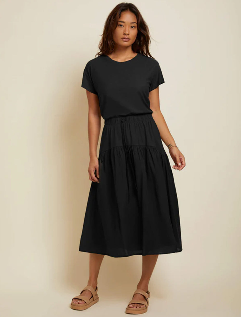 Model wearing Nation LTD's azalia combo shirt dress in black.