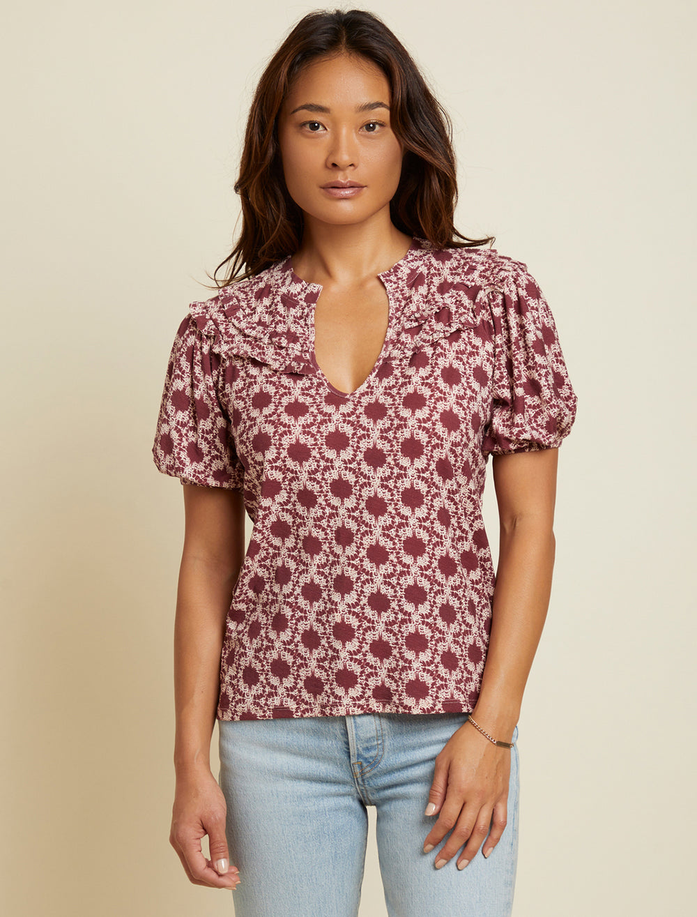 Model wearing Nation LTD's judith yoked tee in ikat.