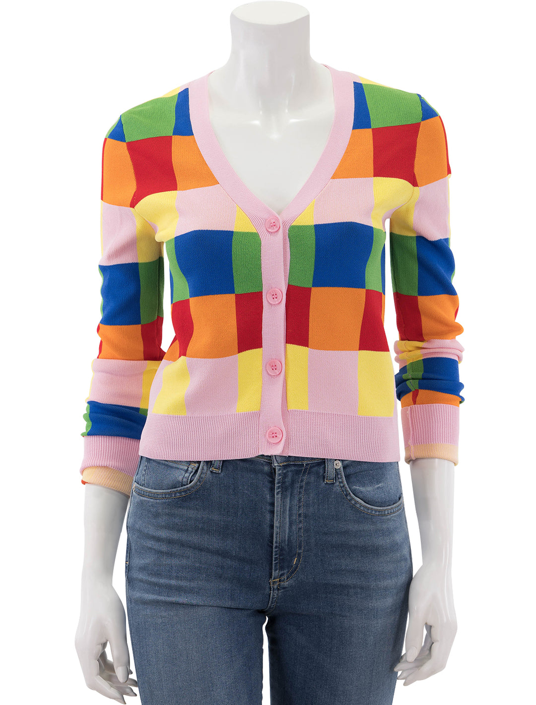 Front view of The English Factory's multi check gingham cardi.