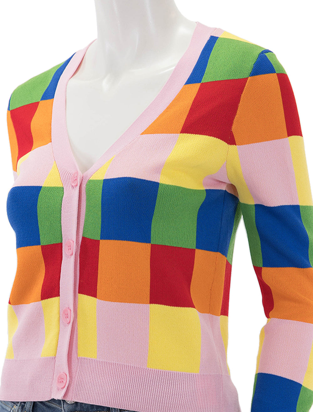 Close-up view of The English Factory's multi check gingham cardi.