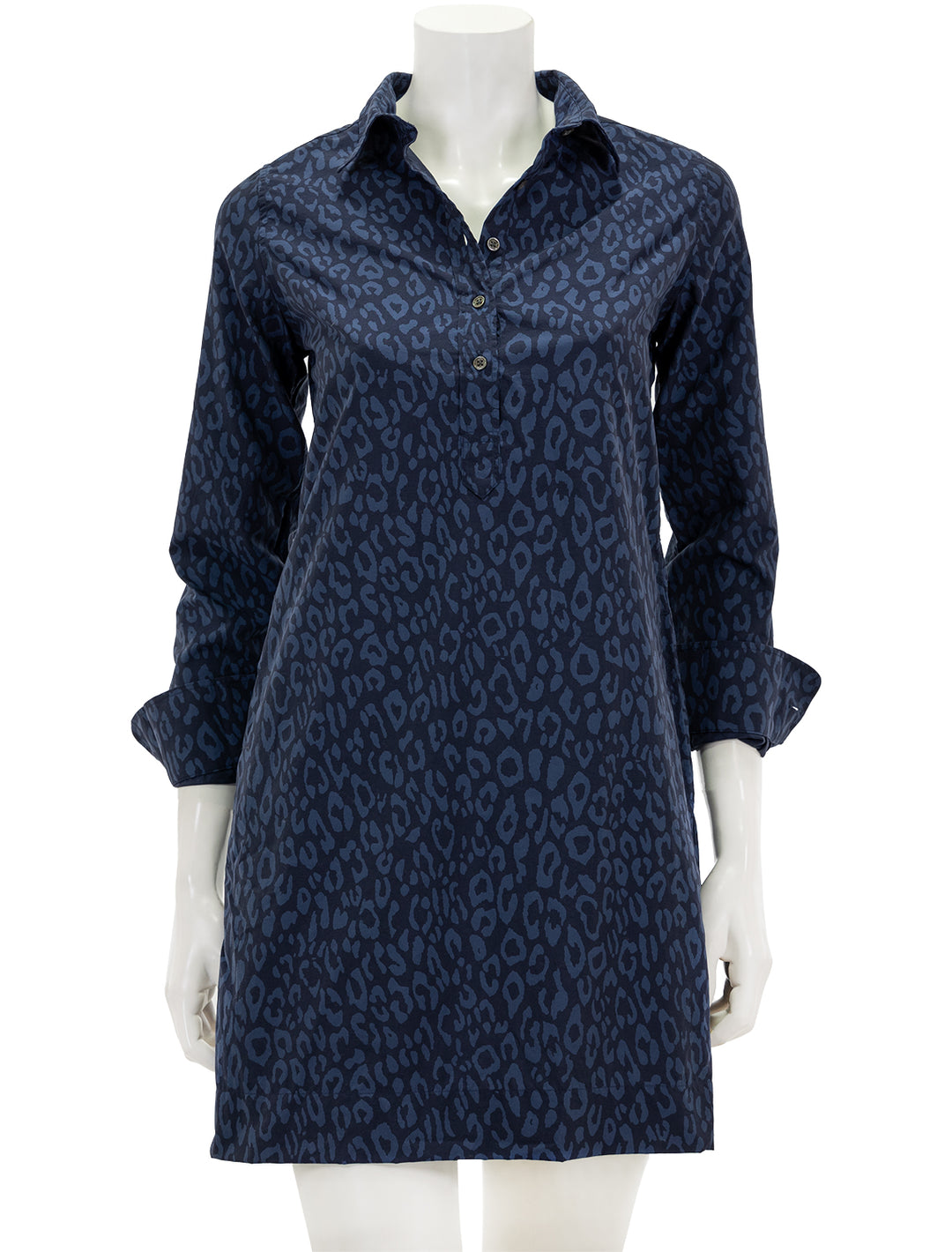 Front view of Ann Mashburn's long sleeve popover dress in blue and navy leopard.