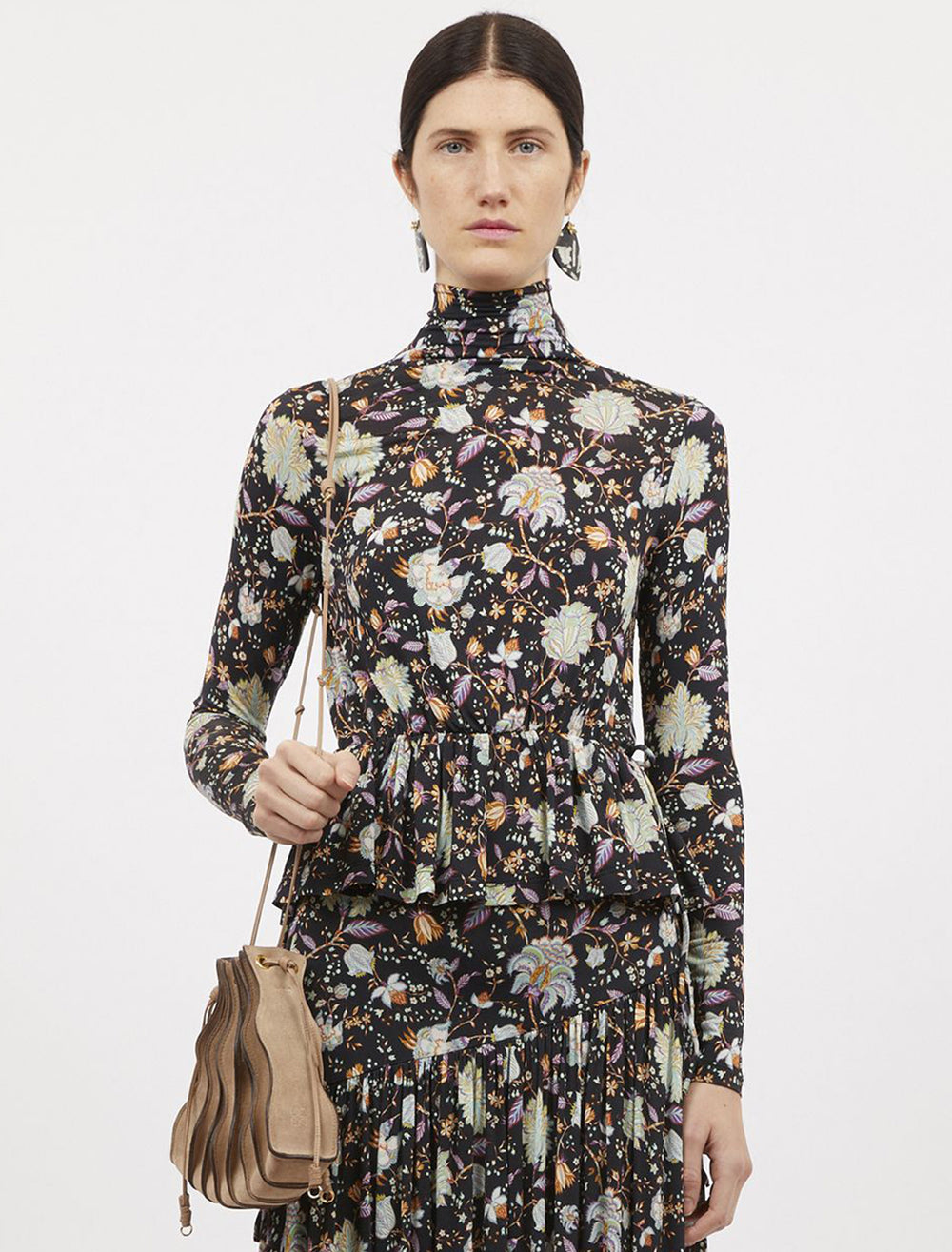 Model wearing Ulla Johnson's nina top in nuit.