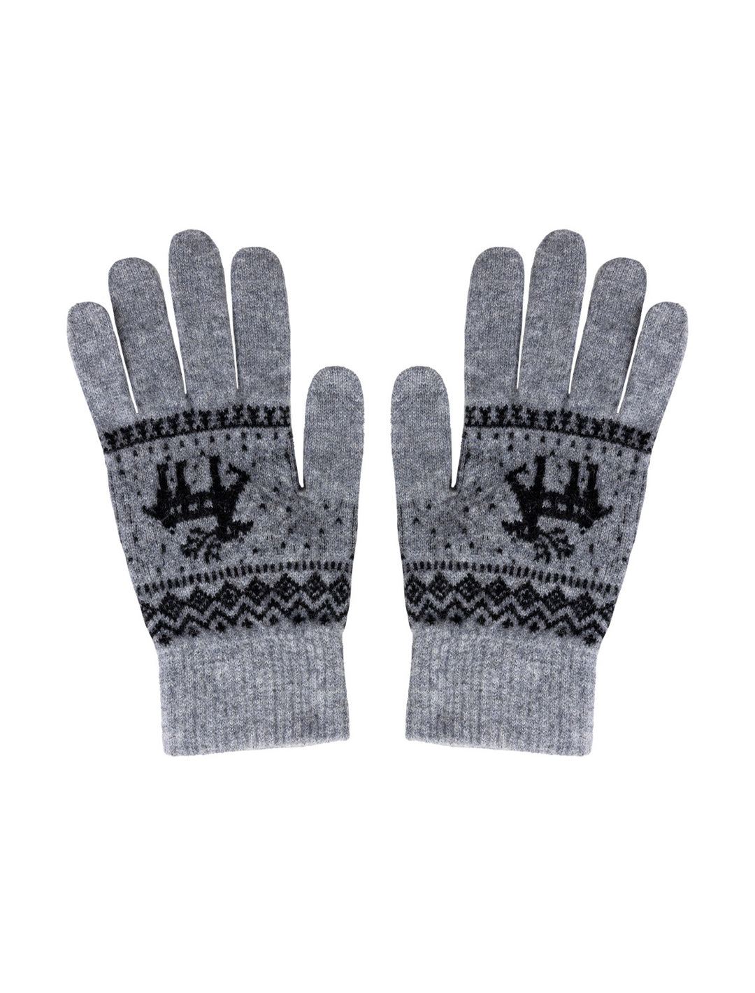 Overhead view of Jumper 1234's reindeer gloves in cloudy and black