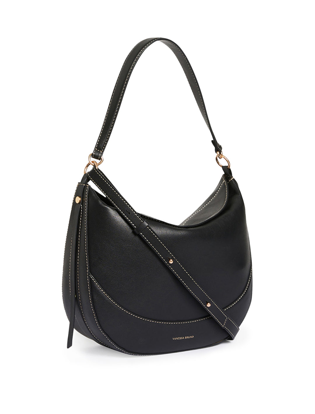 Side angle view of Vanessa Bruno's daily bag in noir.