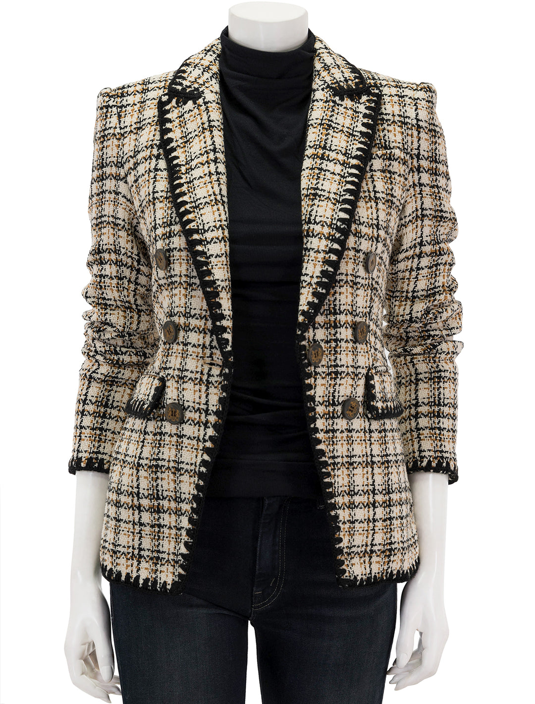 Front view of Veronica Beard's lawrence dickey jacket, unbuttoned.