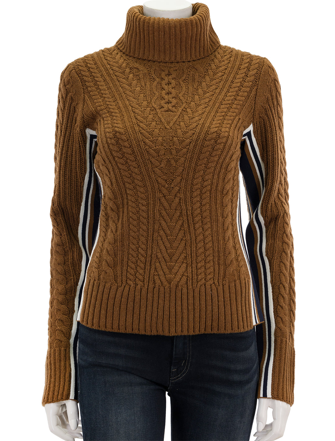 Front view of Veronica Beard's maril sweater in dark ochre.