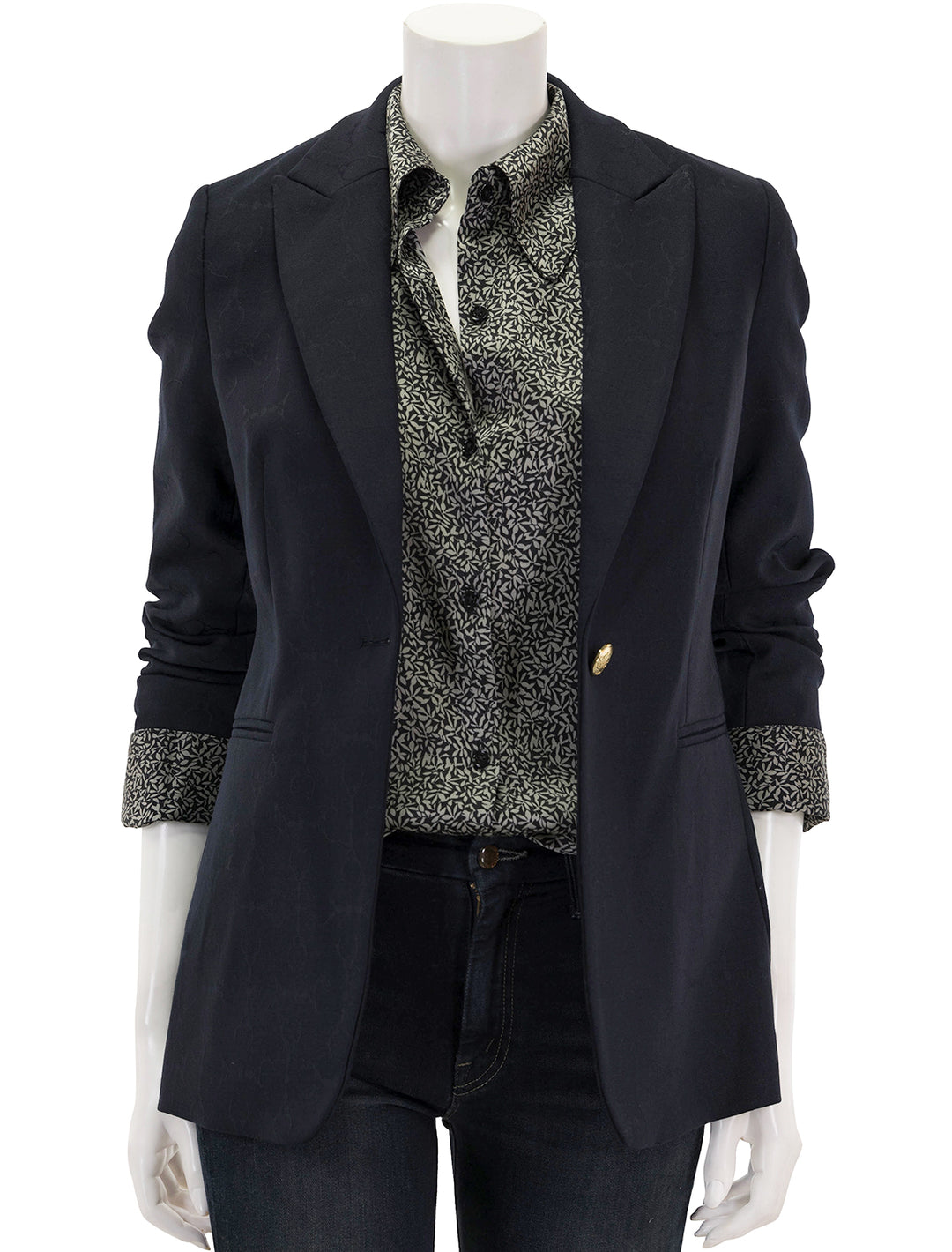 Front view of Vilagallo's sophia horsebit jacquard blazer, unbuttoned.