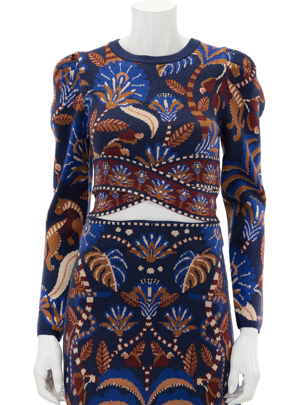 Front view of Farm Rio's nature beauty blue scarf knit long sleeve crop top.