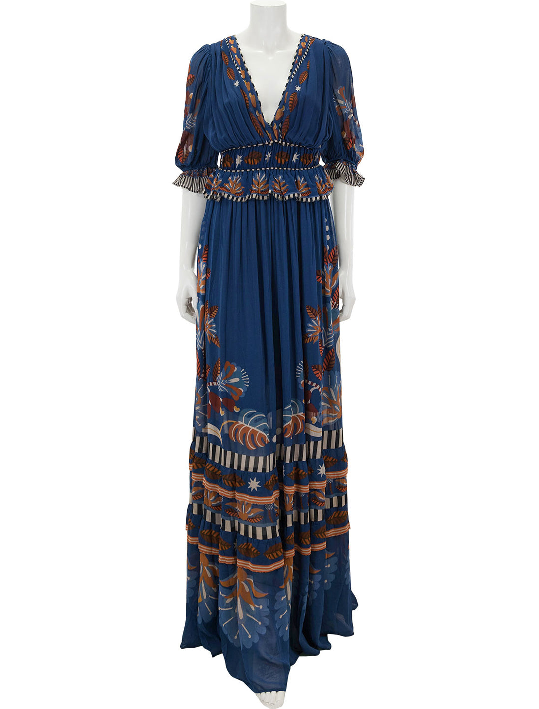 Front view of Farm Rio's Nature Beauty Blue Short Sleeve Maxi Dress.