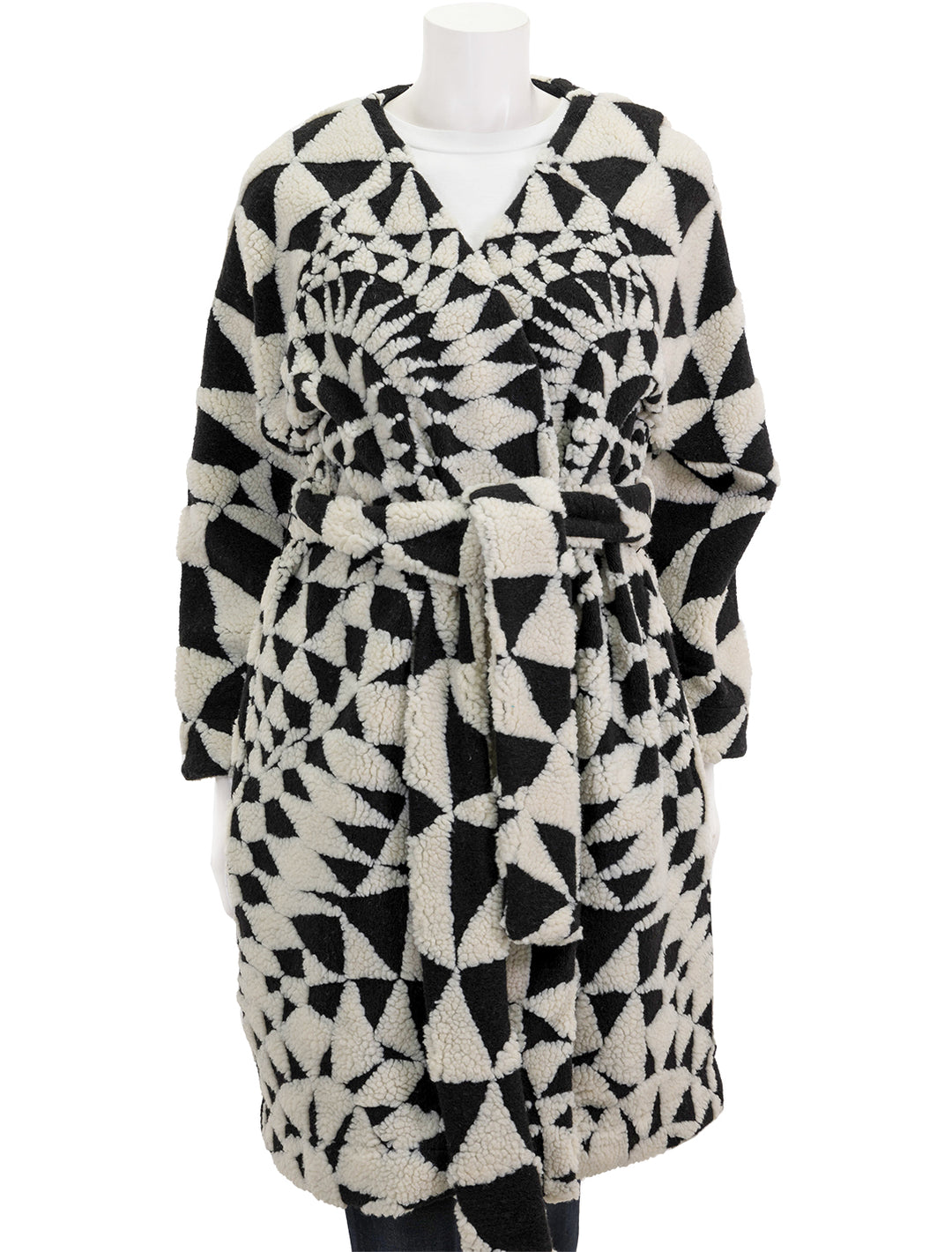 Front view of Farm Rio's heart deco black and white maxi fleece cardigan.