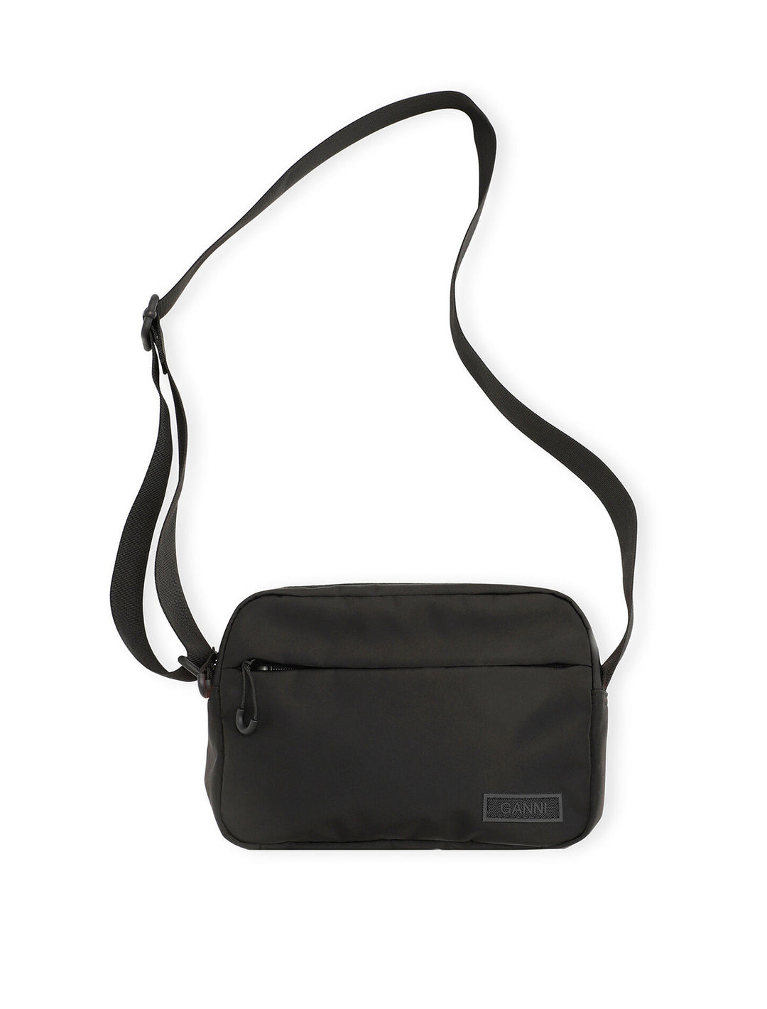 Overhead view of GANNI's festival bag in black.