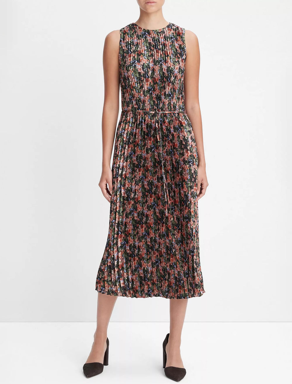 Model wearing Vince's wild primrose pleated pintuck dress.