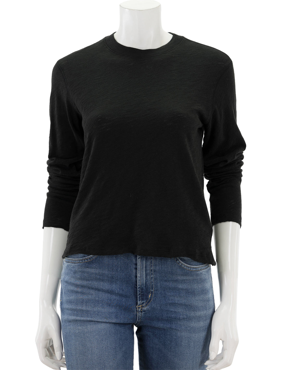 Front view of ATM's slub jersey long sleeve destroyed crop tee in black.