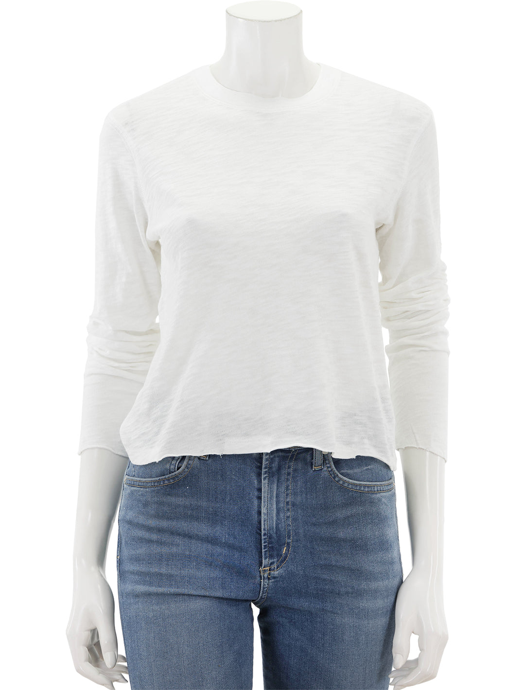 Front view of ATM's slub jersey long sleeve destroyed crop tee in white.