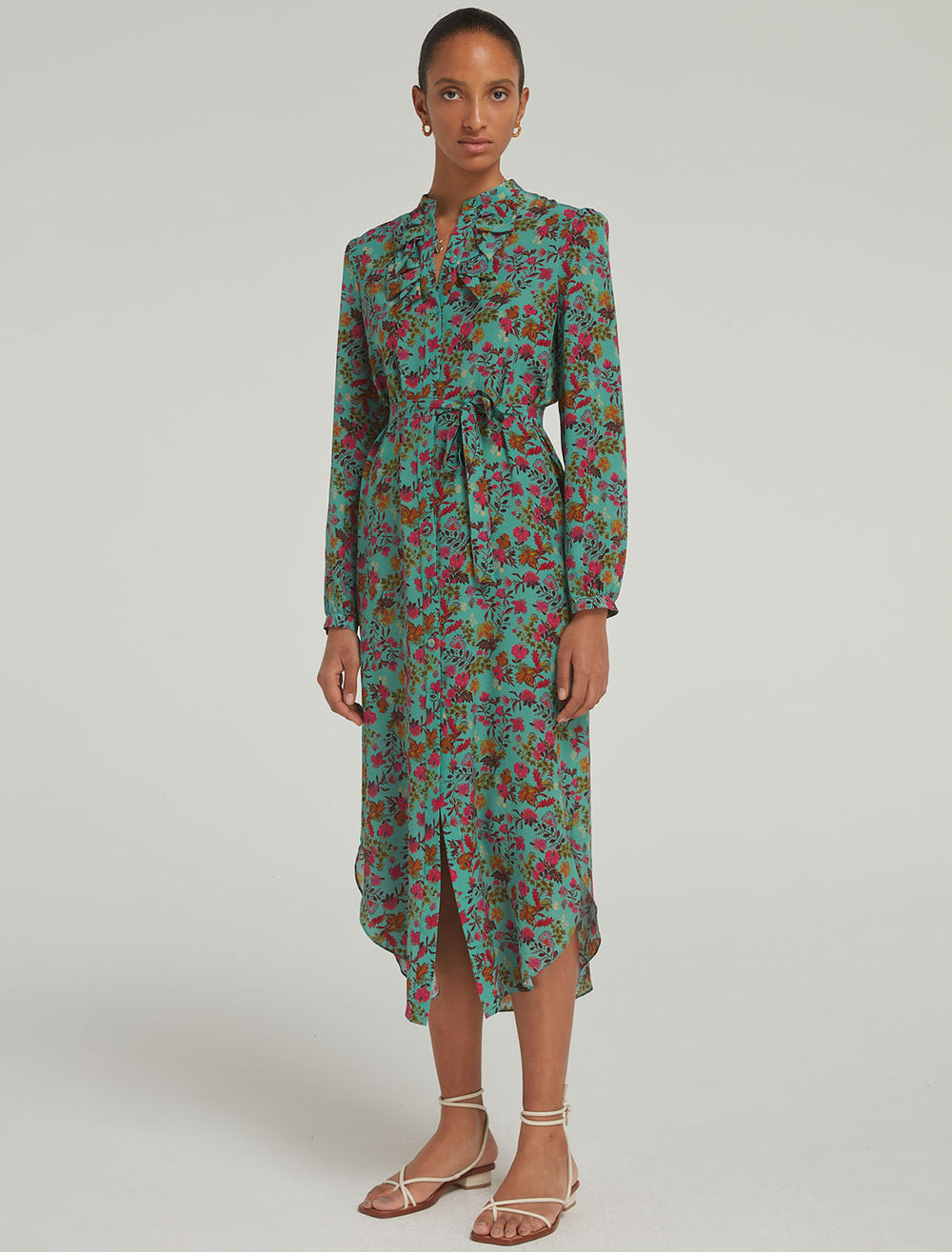 Model wearing Saloni's Sasha Dress in Flori Sky.