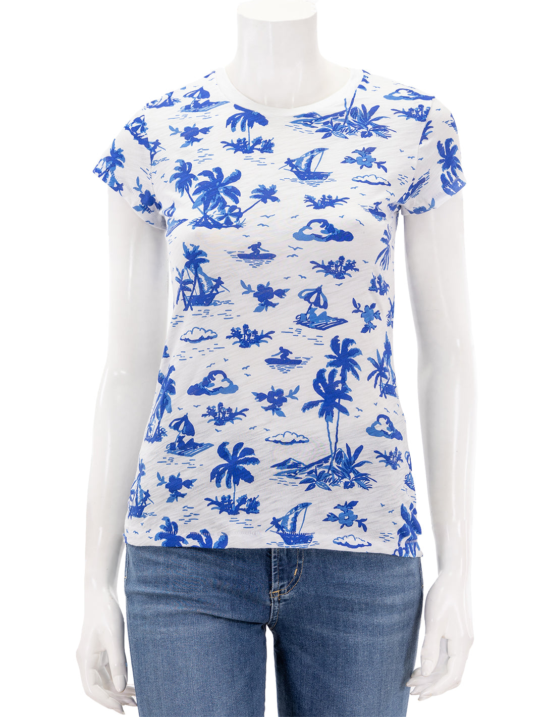 Front view of Goldie Lewinter's hawaiian ringer tee in marina.