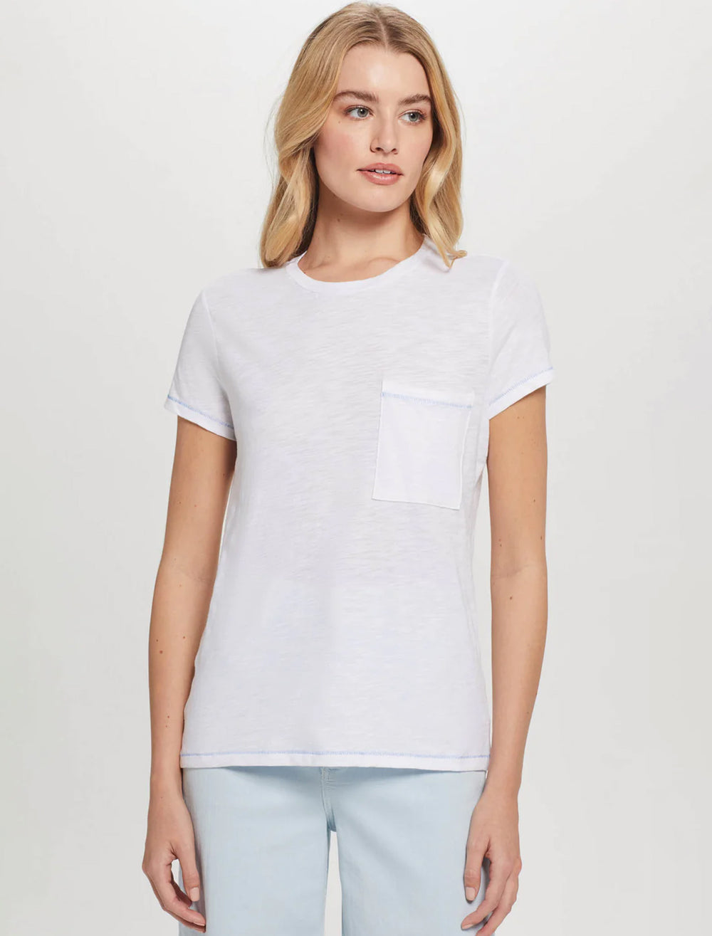 Model wearing Goldie Lewinter's contrast stitch pocket boy tee.