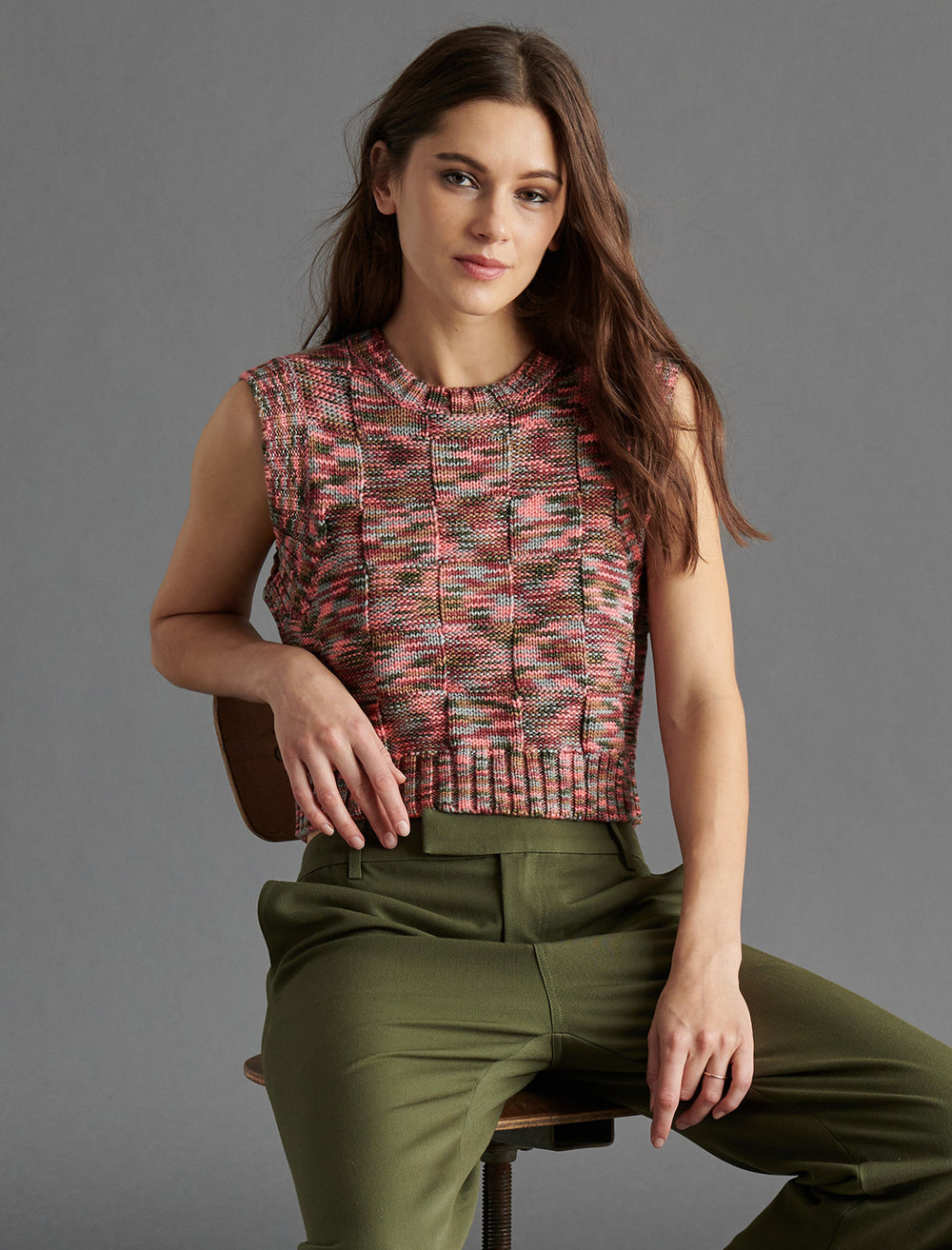 Model wearing Steve Madden's kate sweater vest in multi.