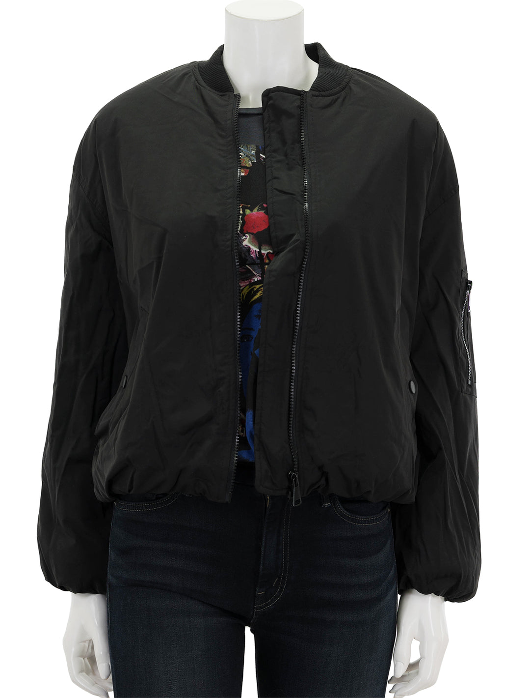 Front view of Steve Madden's vida jacket in black, unzipped.