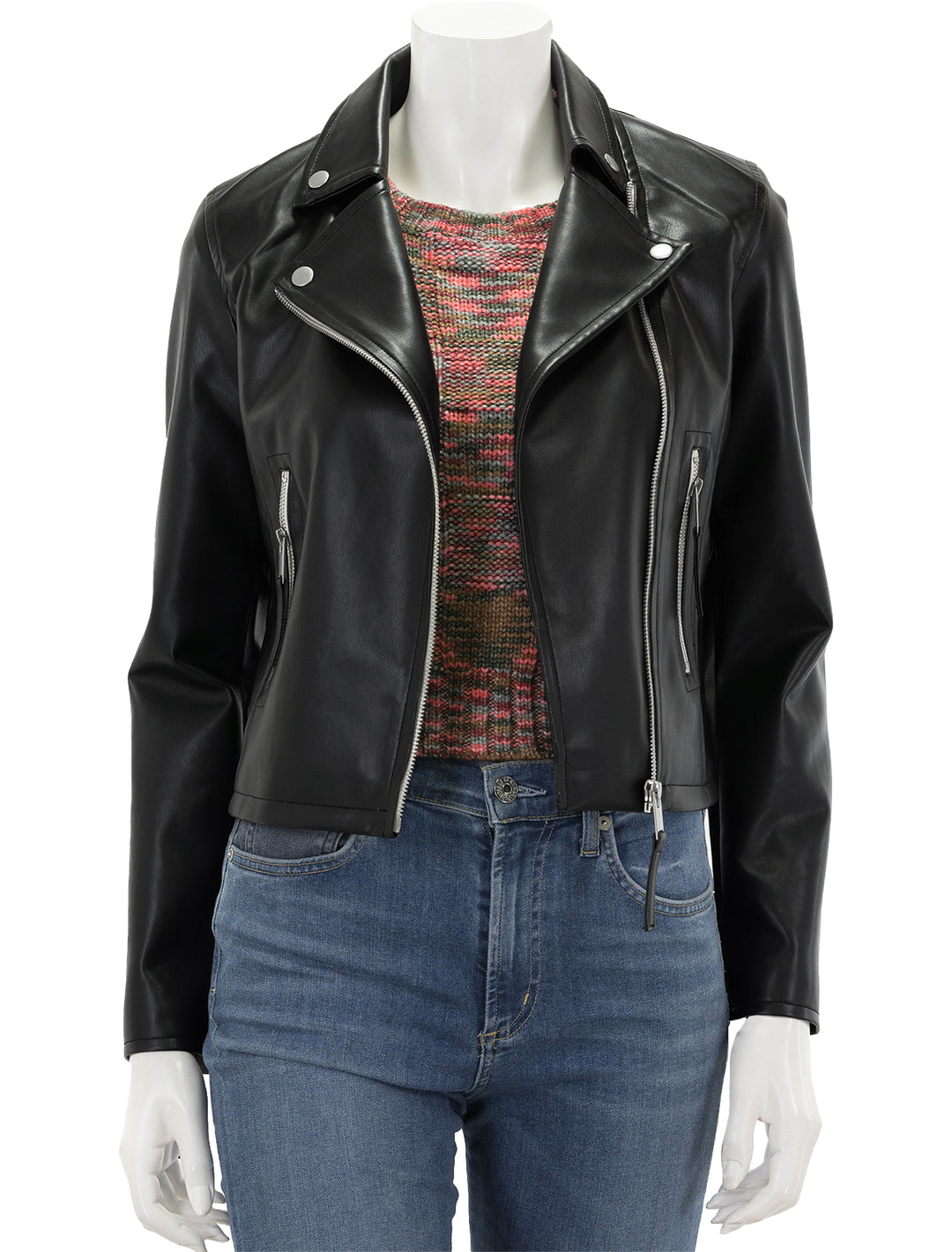 Front view of Steve Madden's vinka jacket in black, unzipped.