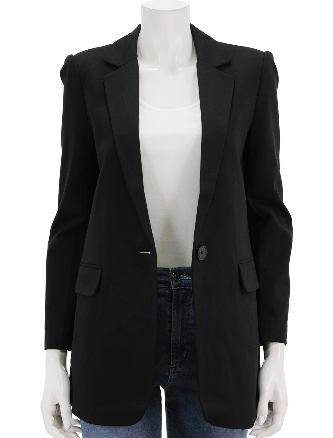 Front view of Sundays NYC's gibson blazer in black, unbuttoned.