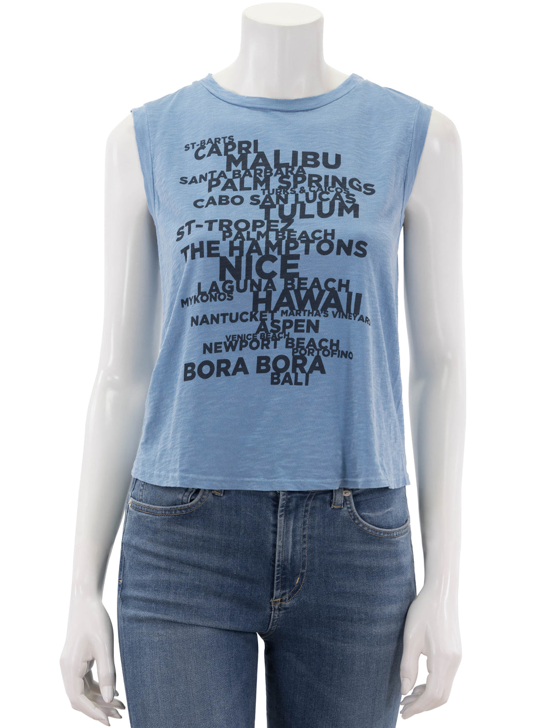 Front view of Sundry's destinations muscle tank in pigment capri.