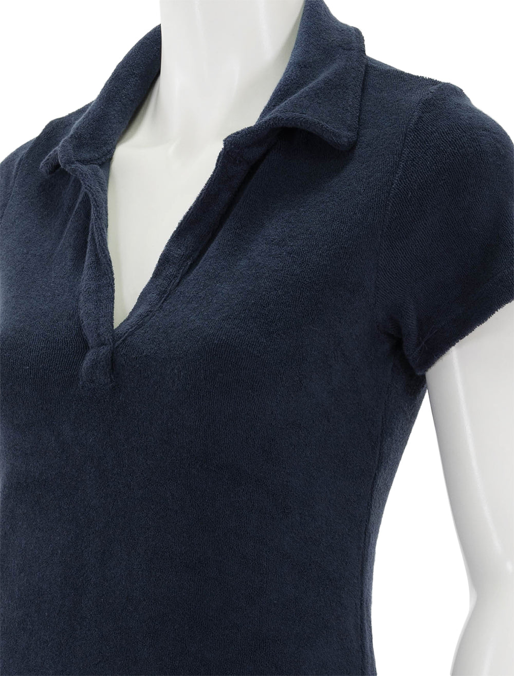 Close-up view of Sundry's mini short sleeve polo dress in deep sea.