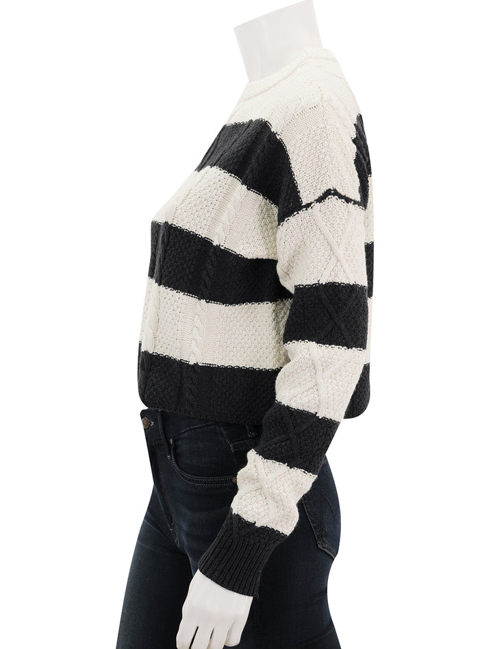 side view of cable cropped crew sweater in stripe