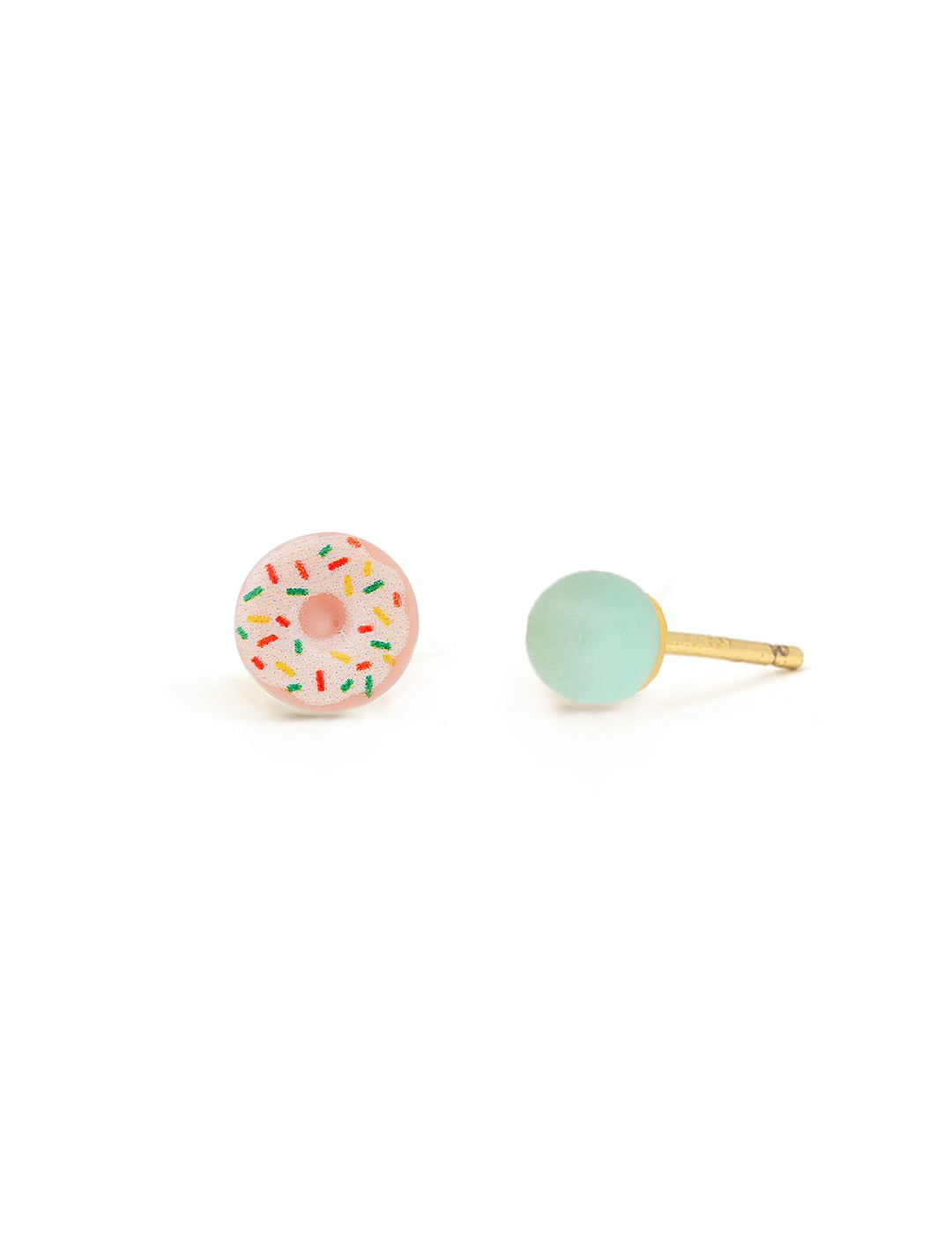 Front view of Tai's glazed donut mismatched studs in white and light blue.