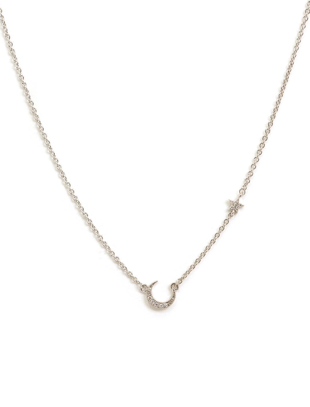 Front view of Tai Jewelry's moon and star with cz silver necklace.