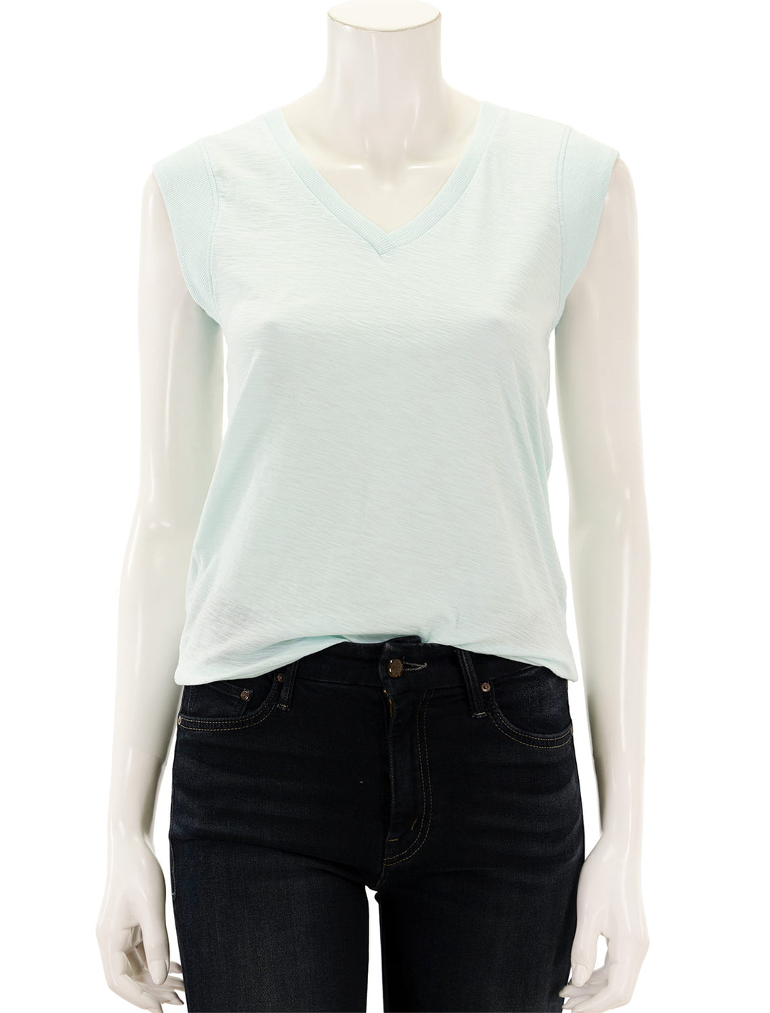 Front view of Lilla P.'s rib trim v-neck superfine slub tee in pool.